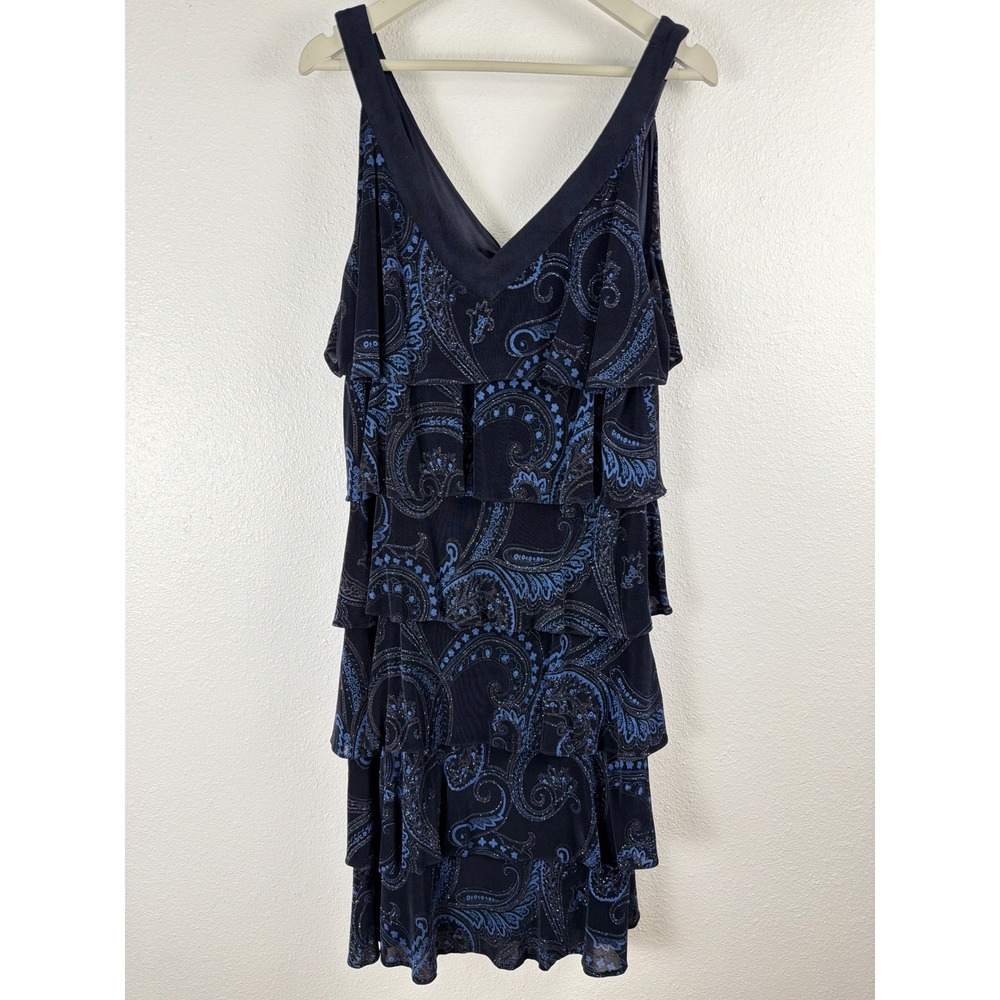 Patra Womens Navy Blue Paisley Tiered Ruffle Cocktail Dress Sz 10 Sparkle Fairy